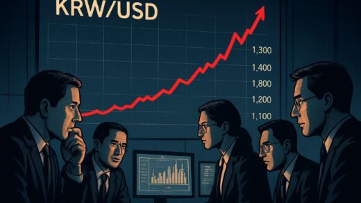 A dramatic graph showing Korean won to US dollar exchange rate rising steeply to 1,500 won, with concerned businesspeople analyzing financial data on multiple screens.