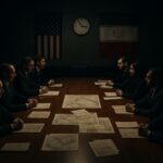 A dramatic high-angle view of a long negotiation table in a dimly lit conference room in Islamabad, with two opposing delegations facing each other, maps and documents scattered, a clock showing 21 hours, symbolic tension between US and Iranian flags in the background.