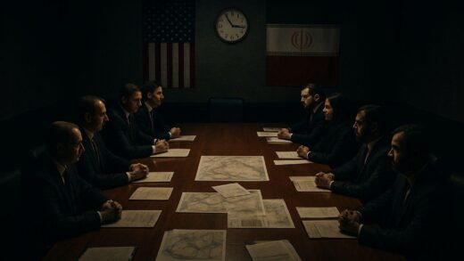 A dramatic high-angle view of a long negotiation table in a dimly lit conference room in Islamabad, with two opposing delegations facing each other, maps and documents scattered, a clock showing 21 hours, symbolic tension between US and Iranian flags in the background.