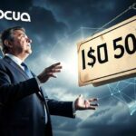 A dramatic illustration of a businessman looking at a huge $150 billion price tag floating away in the wind, with NVIDIA logo in the background and AI neural network visuals surrounding him.