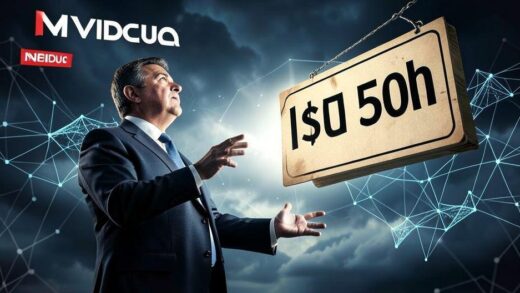 A dramatic illustration of a businessman looking at a huge $150 billion price tag floating away in the wind, with NVIDIA logo in the background and AI neural network visuals surrounding him.