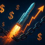 A dramatic illustration showing SpaceX rocket launching from a stock market graph, with lock chains breaking apart and dollar symbols floating in space, cinematic lighting, futuristic style