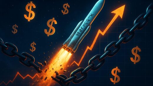 A dramatic illustration showing SpaceX rocket launching from a stock market graph, with lock chains breaking apart and dollar symbols floating in space, cinematic lighting, futuristic style