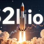 A dramatic illustration showing SpaceX's rocket launching towards stock market charts with dollar signs and graphs in the background, representing the monumental IPO valuation of $2 trillion.
