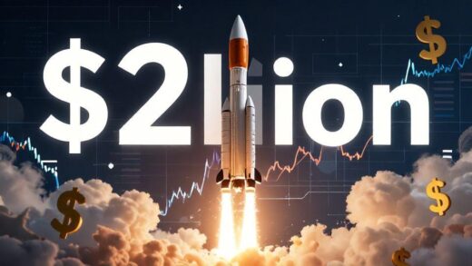 A dramatic illustration showing SpaceX's rocket launching towards stock market charts with dollar signs and graphs in the background, representing the monumental IPO valuation of $2 trillion.