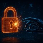 A dramatic image of a glowing digital lock being broken by a futuristic AI hand, with quantum symbols in the background, representing a breakthrough in cybersecurity.