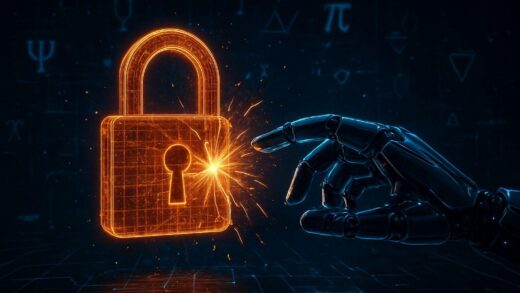 A dramatic image of a glowing digital lock being broken by a futuristic AI hand, with quantum symbols in the background, representing a breakthrough in cybersecurity.