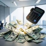 A dramatic image of a large sum of money being split, with a shadow of a tax form or calculator looming over it. The setting is modern and corporate, possibly an office.