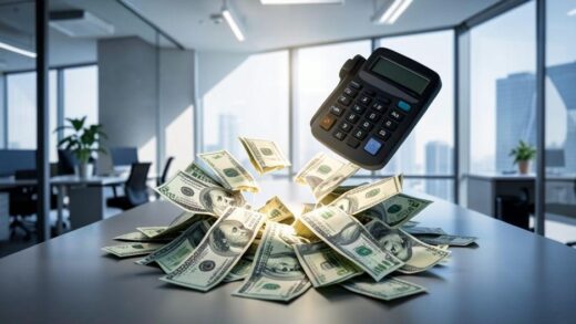 A dramatic image of a large sum of money being split, with a shadow of a tax form or calculator looming over it. The setting is modern and corporate, possibly an office.