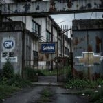 A dramatic industrial scene showing an abandoned GM factory in Gunsan, South Korea, with weeds growing around the main gate and a lonely Chevrolet logo hanging on a rusty door, symbolizing the collapse of an industrial city.