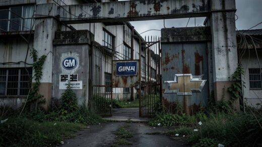 A dramatic industrial scene showing an abandoned GM factory in Gunsan, South Korea, with weeds growing around the main gate and a lonely Chevrolet logo hanging on a rusty door, symbolizing the collapse of an industrial city.