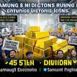 A dramatic infographic showing Samsung Electronics union members holding protest signs, with 45 trillion won visualized as stacks of gold bars compared to dividend payments, set against a semiconductor factory background with warning signs.