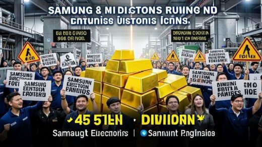A dramatic infographic showing Samsung Electronics union members holding protest signs, with 45 trillion won visualized as stacks of gold bars compared to dividend payments, set against a semiconductor factory background with warning signs.