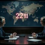 A dramatic political thriller scene showing a countdown clock with '22일' in Korean, geopolitical map with US and Iran flags, and tense negotiation table with documents