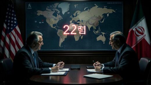 A dramatic political thriller scene showing a countdown clock with '22일' in Korean, geopolitical map with US and Iran flags, and tense negotiation table with documents