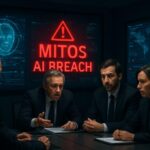 A dramatic scene in a high-tech government conference room with holographic displays showing AI security breaches, worried officials in suits discussing urgently, with the words 'MITOS AI BREACH' flashing on screens in red.