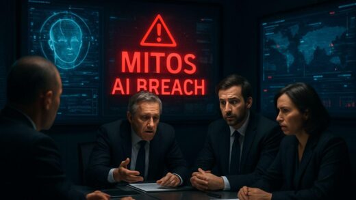 A dramatic scene in a high-tech government conference room with holographic displays showing AI security breaches, worried officials in suits discussing urgently, with the words 'MITOS AI BREACH' flashing on screens in red.