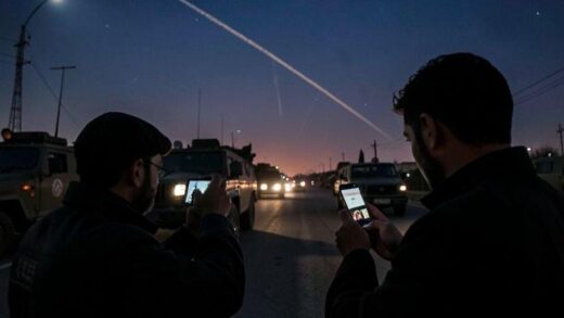 A dramatic scene in Tehran at dusk showing a civilian discreetly filming a military convoy with a smartphone, with missile trails visible in the distant night sky, reflecting the tension of citizen intelligence warfare.