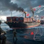 A dramatic scene in the Strait of Hormuz showing a cargo ship being intercepted by military forces, with oil tankers in the background and geopolitical tension visualized through red alert symbols on a digital map, year 2026.