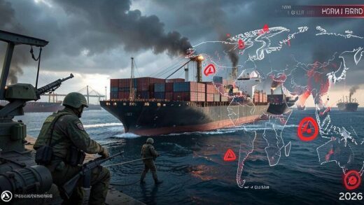 A dramatic scene in the Strait of Hormuz showing a cargo ship being intercepted by military forces, with oil tankers in the background and geopolitical tension visualized through red alert symbols on a digital map, year 2026.