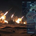 A dramatic scene of missiles striking Iranian nuclear facilities at night, with explosions illuminating the desert landscape, digital map overlay showing strategic targets in the Middle East, futuristic military technology elements visible