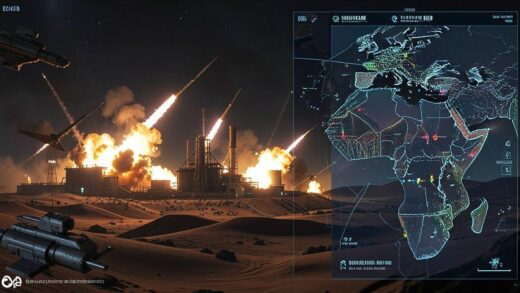 A dramatic scene of missiles striking Iranian nuclear facilities at night, with explosions illuminating the desert landscape, digital map overlay showing strategic targets in the Middle East, futuristic military technology elements visible