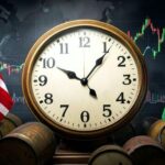 A dramatic scene showing a clock counting down 90 minutes with American and Iranian flags on opposite sides, oil barrels falling sharply and stock market graphs rising in the background, symbolizing the tension before ceasefire agreement.