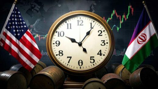 A dramatic scene showing a clock counting down 90 minutes with American and Iranian flags on opposite sides, oil barrels falling sharply and stock market graphs rising in the background, symbolizing the tension before ceasefire agreement.