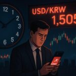 A dramatic scene showing a clock striking 3:00 AM with the USD/KRW exchange rate displayed at 1,505 on a digital ticker, a man in a suit looking at his phone with a cancelled flight notification, with the backdrop of a dark city skyline and glowing financial charts.