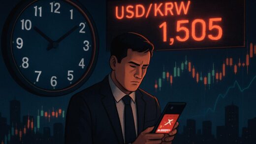 A dramatic scene showing a clock striking 3:00 AM with the USD/KRW exchange rate displayed at 1,505 on a digital ticker, a man in a suit looking at his phone with a cancelled flight notification, with the backdrop of a dark city skyline and glowing financial charts.