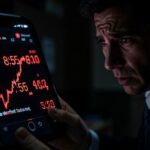 A dramatic scene showing a trader staring at a smartphone screen at 8:55 AM, with red stock price numbers flashing dramatically. The screen shows a sudden spike in pre-market trading. Dark, intense lighting with a focus on the trader's anxious expression.
