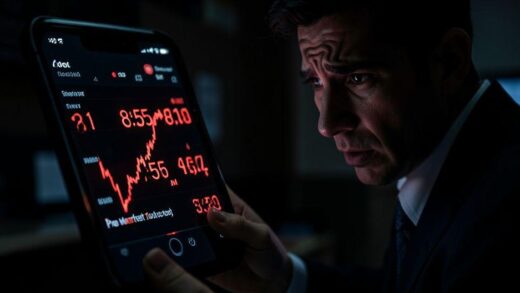 A dramatic scene showing a trader staring at a smartphone screen at 8:55 AM, with red stock price numbers flashing dramatically. The screen shows a sudden spike in pre-market trading. Dark, intense lighting with a focus on the trader's anxious expression.