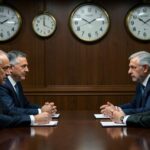 A dramatic scene showing American and Iranian diplomats facing each other across a negotiation table in Islamabad, Pakistan, with clocks showing different time zones (Washington DC, Islamabad, Seoul) in the background, tension visible in their body language.
