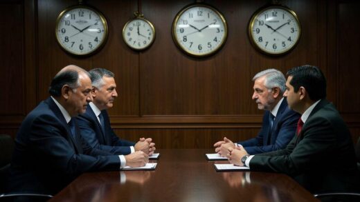 A dramatic scene showing American and Iranian diplomats facing each other across a negotiation table in Islamabad, Pakistan, with clocks showing different time zones (Washington DC, Islamabad, Seoul) in the background, tension visible in their body language.