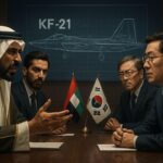 A dramatic scene showing diplomatic tension between Middle Eastern and Korean officials discussing military technology transfer, with KF-21 fighter jet blueprint in the background, professional business meeting atmosphere, high-stakes negotiation mood, realistic digital art style.
