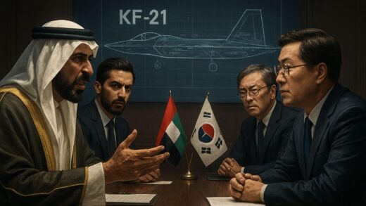 A dramatic scene showing diplomatic tension between Middle Eastern and Korean officials discussing military technology transfer, with KF-21 fighter jet blueprint in the background, professional business meeting atmosphere, high-stakes negotiation mood, realistic digital art style.
