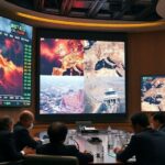 A dramatic scene showing global oil prices skyrocketing on digital trading screens with Middle East conflict imagery in the background, contrasted with South Korean government officials discussing emergency measures in a meeting room.