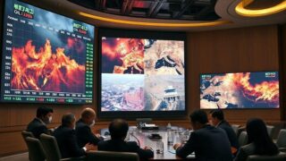 A dramatic scene showing global oil prices skyrocketing on digital trading screens with Middle East conflict imagery in the background, contrasted with South Korean government officials discussing emergency measures in a meeting room.