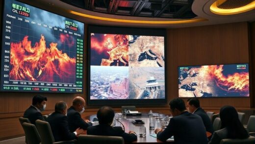 A dramatic scene showing global oil prices skyrocketing on digital trading screens with Middle East conflict imagery in the background, contrasted with South Korean government officials discussing emergency measures in a meeting room.