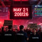 A dramatic scene showing Samsung Electronics semiconductor factory workers holding protest signs, with a large countdown clock showing May 21, 2026. The atmosphere is tense with red warning lights and holographic data displays showing 45 trillion KRW demand and 18-day strike timeline.