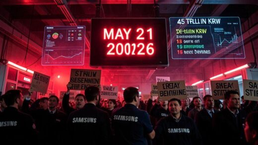 A dramatic scene showing Samsung Electronics semiconductor factory workers holding protest signs, with a large countdown clock showing May 21, 2026. The atmosphere is tense with red warning lights and holographic data displays showing 45 trillion KRW demand and 18-day strike timeline.