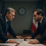 A dramatic scene showing two diplomats from USA and Iran facing each other across a negotiation table with tension in the air, maps and documents scattered, clock showing 21 hours, in a modern conference room with flags of both countries
