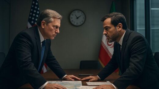 A dramatic scene showing two diplomats from USA and Iran facing each other across a negotiation table with tension in the air, maps and documents scattered, clock showing 21 hours, in a modern conference room with flags of both countries