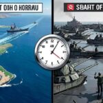 A dramatic split-screen illustration showing the strategic Strait of Hormuz on one side with ships passing through during the opening announcement, and on the other side, a military blockade with warships preventing passage during the re-blockade. Clock showing 48 hours in the center.