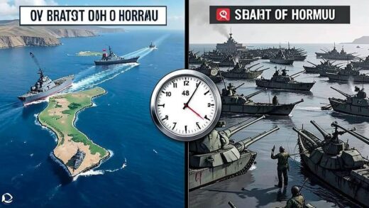 A dramatic split-screen illustration showing the strategic Strait of Hormuz on one side with ships passing through during the opening announcement, and on the other side, a military blockade with warships preventing passage during the re-blockade. Clock showing 48 hours in the center.