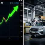 A dramatic split-screen image showing a Tesla stock chart with a green upward arrow on the left side, and a car factory with declining production numbers on the right side, creating visual contrast between stock surge and sales decline, professional financial style, 2026.
