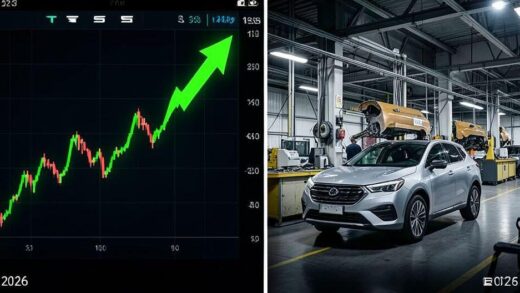 A dramatic split-screen image showing a Tesla stock chart with a green upward arrow on the left side, and a car factory with declining production numbers on the right side, creating visual contrast between stock surge and sales decline, professional financial style, 2026.