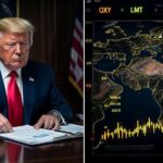 A dramatic split-screen image showing Donald Trump on one side reviewing financial documents and a war map of the Middle East on the other, with stock tickers OXY, LMT, PLTR glowing in gold, dark presidential office atmosphere, cinematic lighting, 4K resolution