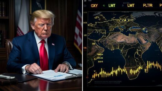 A dramatic split-screen image showing Donald Trump on one side reviewing financial documents and a war map of the Middle East on the other, with stock tickers OXY, LMT, PLTR glowing in gold, dark presidential office atmosphere, cinematic lighting, 4K resolution