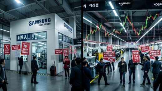 A dramatic split screen showing Samsung Electronics semiconductor factory and Hyundai Motor assembly line both affected by red strike warning signs and picketing workers, with KOSPI index chart showing volatility in the background, realistic modern Korean industrial setting, cinematic lighting